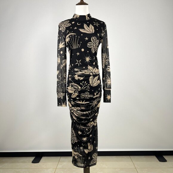 NWOT Farm Rio Cerrado Sky Tulle Midi Dress Long Sleeves Size XS Black and Cream - Picture 2 of 10